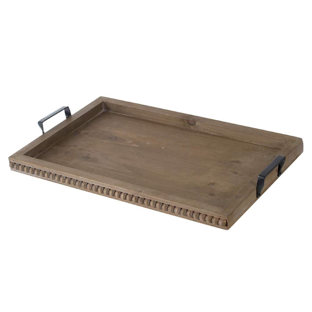 Liy 24 Inch Decor Serving Tray, Beaded Frame, Fir Wood, Metal Handles