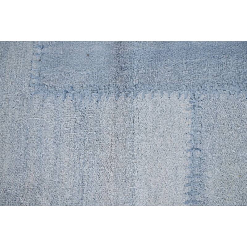 Geometric Blue Kilim Turkish Area Rug Hand-Woven Silk Carpet - 9'10"x 13'1"
