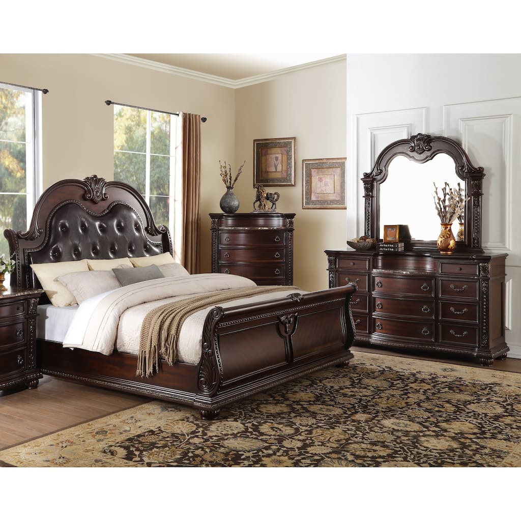 Brown Cherry Finish Formal Bedroom Set 4pc Bed Dresser Mirror Chest Traditional Genuine Marble