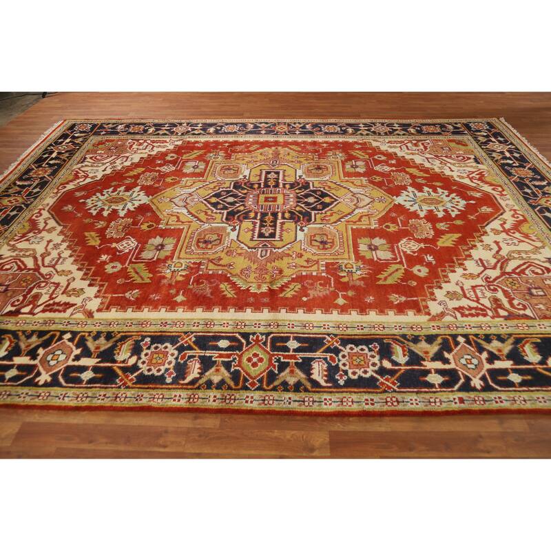 Hand Knotted Oriental 100% Wool Carpet Traditional Medallion Oranges & Rust Heriz (serapi) Area Rug - 11' 10'' X 8' 11''