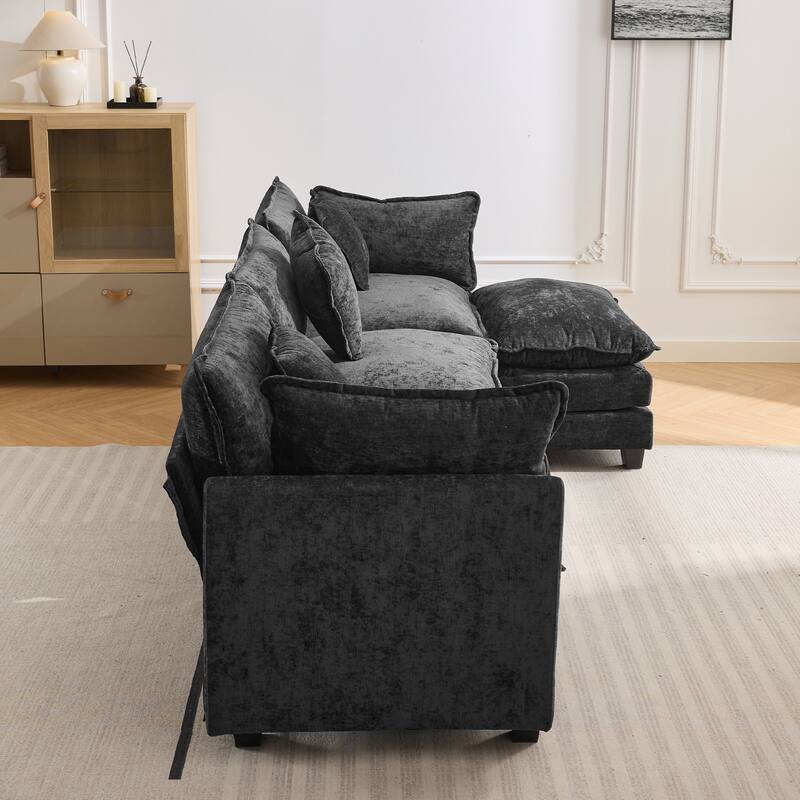 112.2" L-Shape Chenille 4 Seat Sectional Sofa with Removable Ottoman and 5 Plush Pillows, Modern Luxury Couch