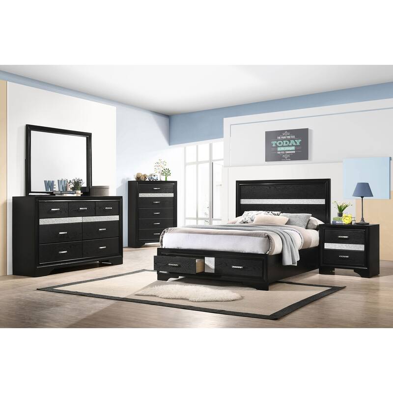 Full Storage Panel Bed with Integrated Drawers, Black Finish, and Crystal-Accented Pulls