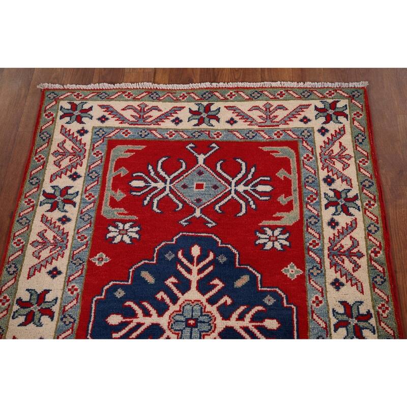 Red Geometric Kazak Accent Rug Handmade Wool Carpet - 2'9" x 4'1"
