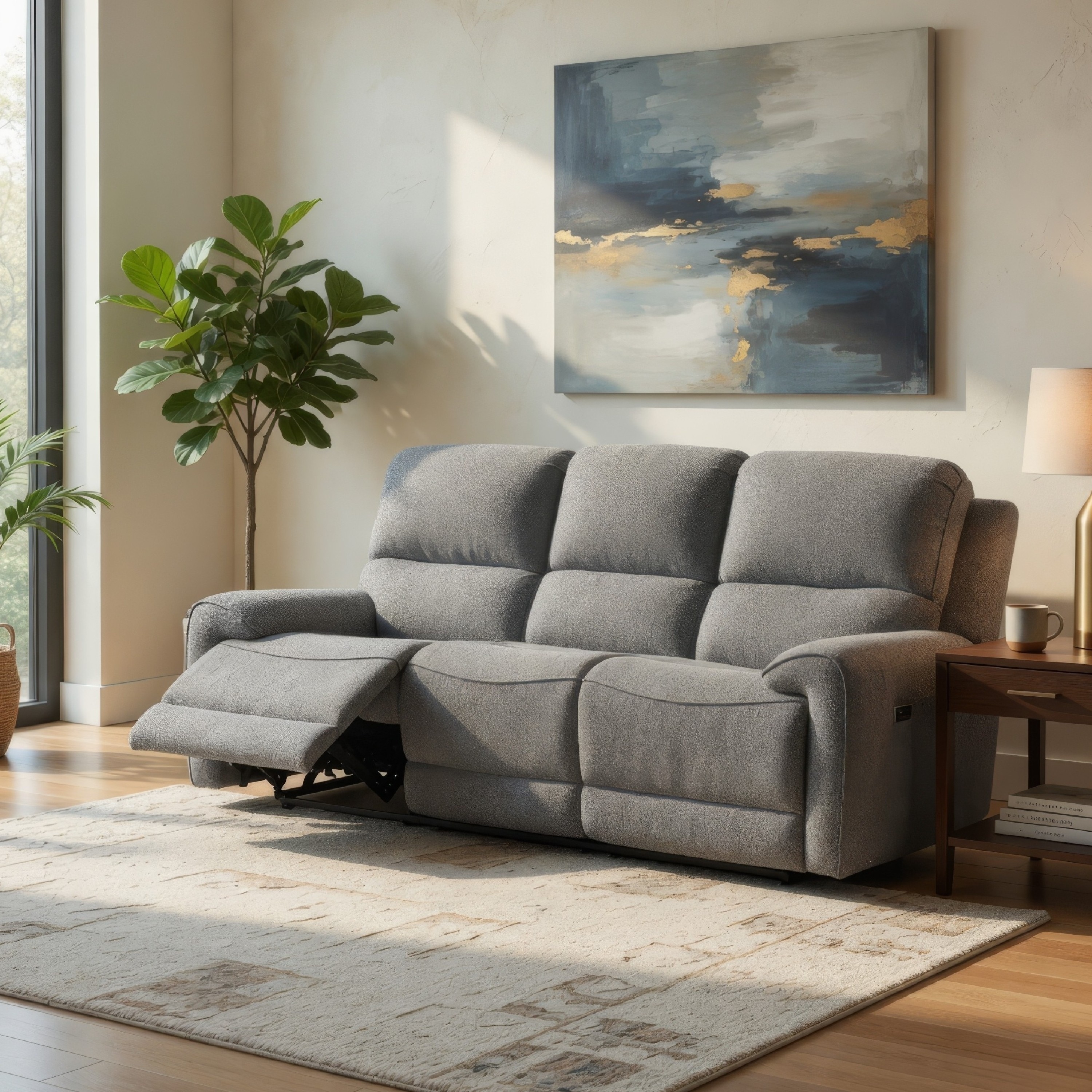 Cote Sofa, Power Reclining, Gray Boucle, USB Charging Ports, 83 Inch