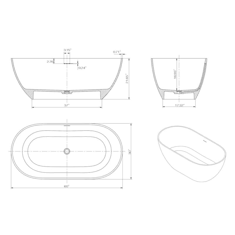60"/69" Solid Surface Freestanding Bathtub in Matte White with Drain