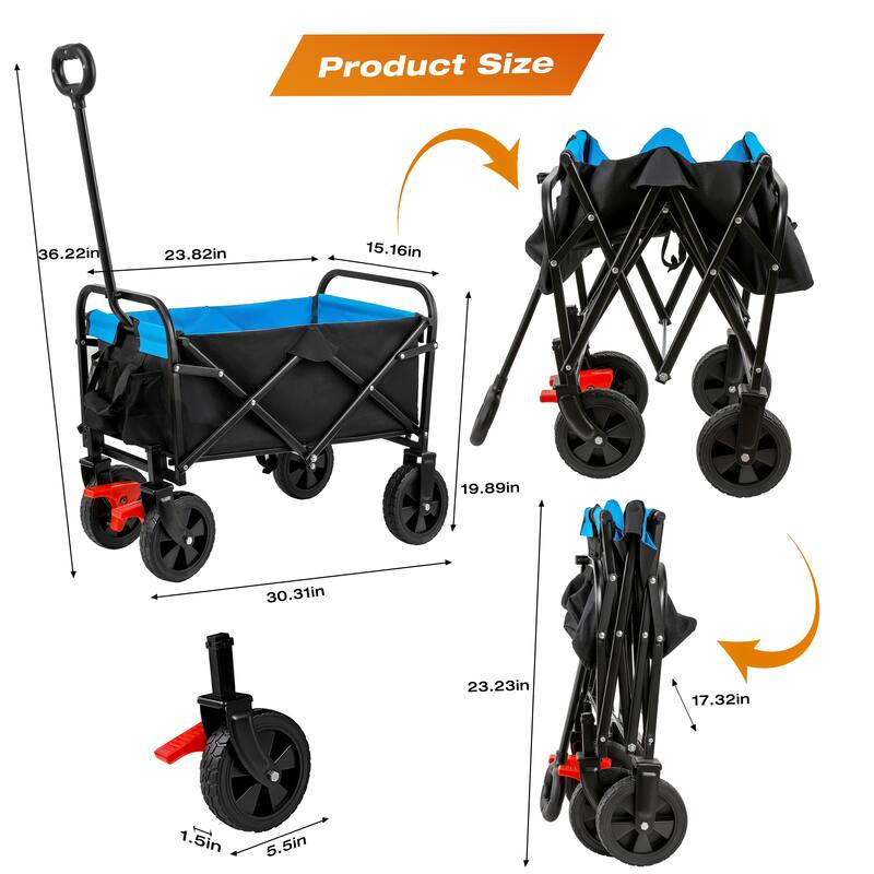 Mini Folding Wagon Garden Shopping Beach Cart (black+blue+brake)