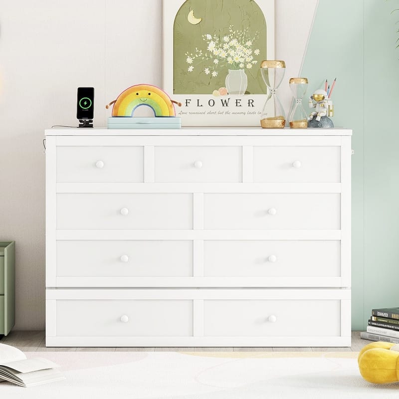 Murphy Bed Cabinet with Storage Drawer and Charging Station, USB Port - White - Full