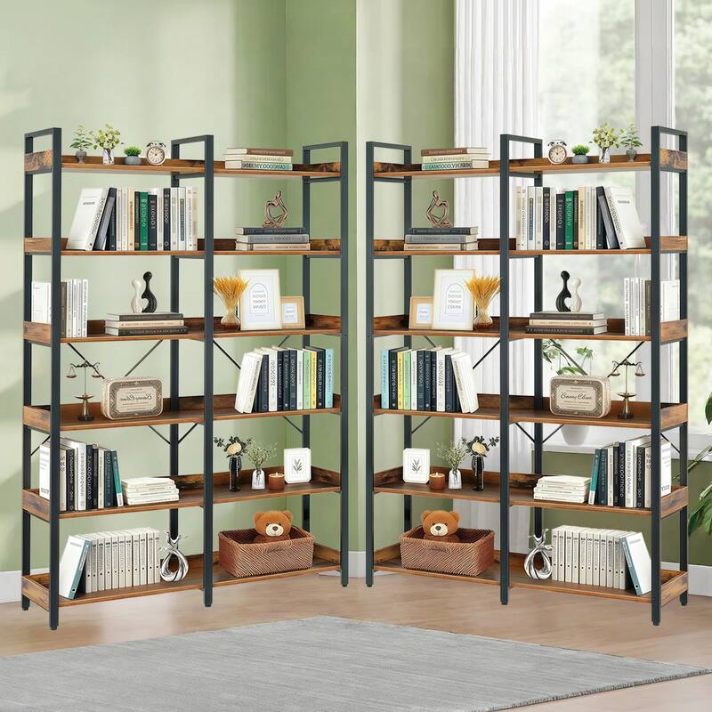 6-Tier Industrial Bookshelf, 67" Wooden Bookshelf with Open Shelves, Freestanding Metal Frame Bookcase, Modern Book Shelves