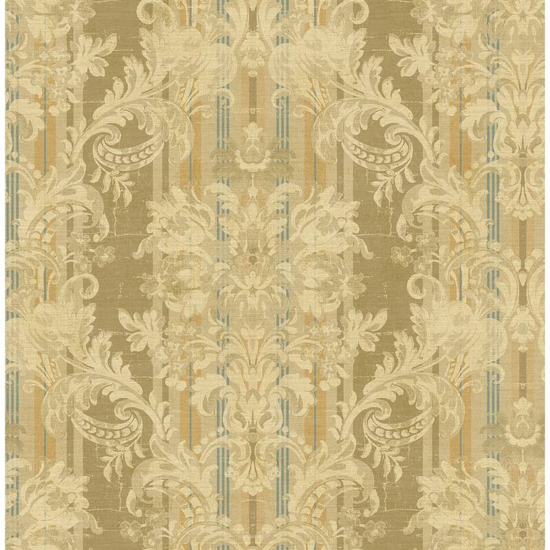 Seabrook Designs Enora Striped Damask Unpasted Wallpaper - 20.5 in. W x 33 ft. L - Metallic Khaki & Blue Green