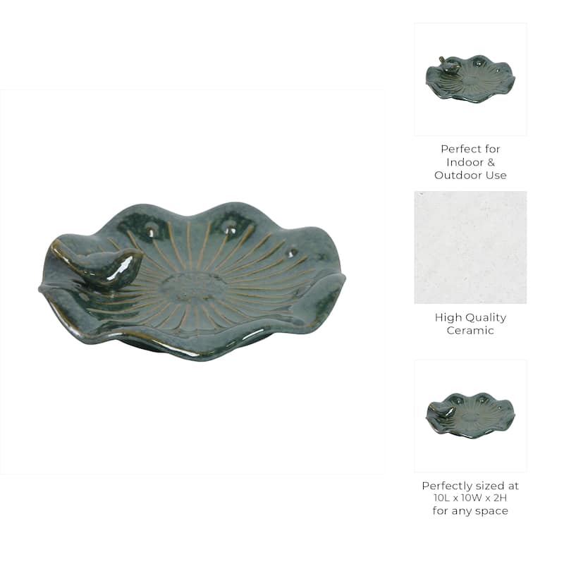 Stoneware Flower Birdbath Perched Bird in Glaze Finish - 10" Green - 10" x 10" x 2"