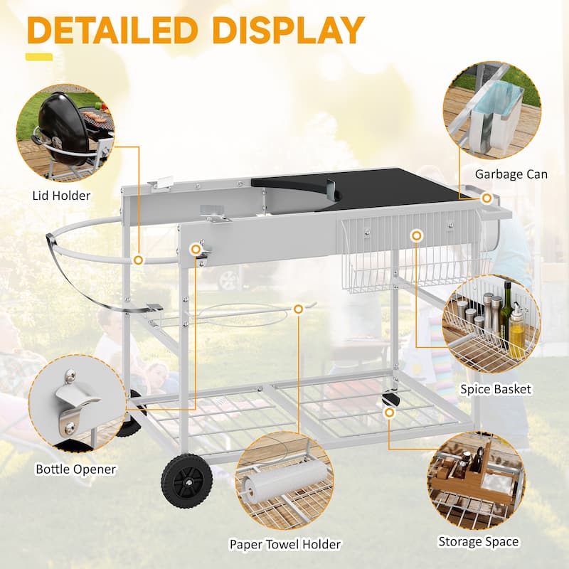 Outdoor Metal Bar Cart with Lid Holder & Storage, Rolling Grill Cart - N/A