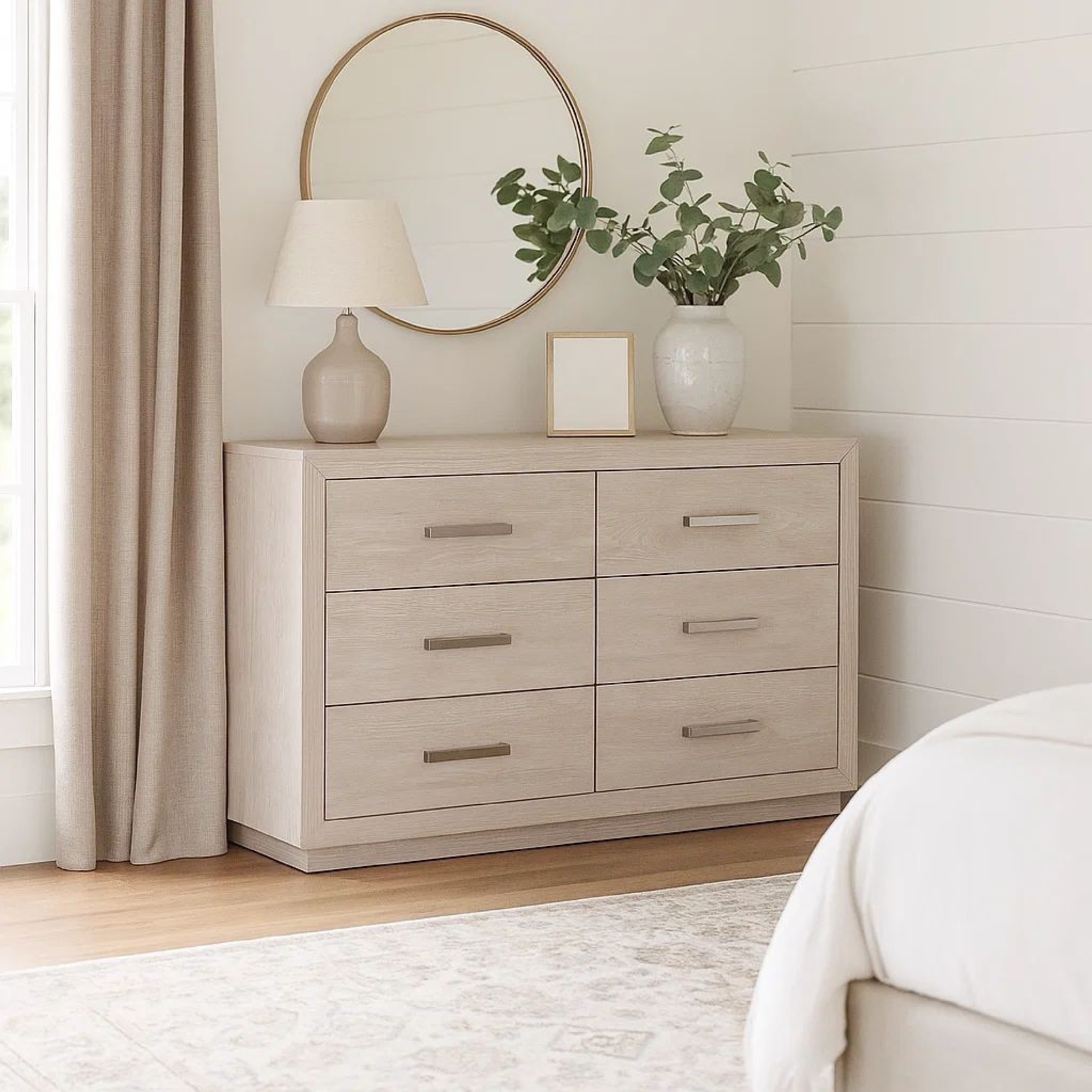 Kexa Wide Dresser, 6 Drawers, Light Gray Solid Wood, Nickel Metal
