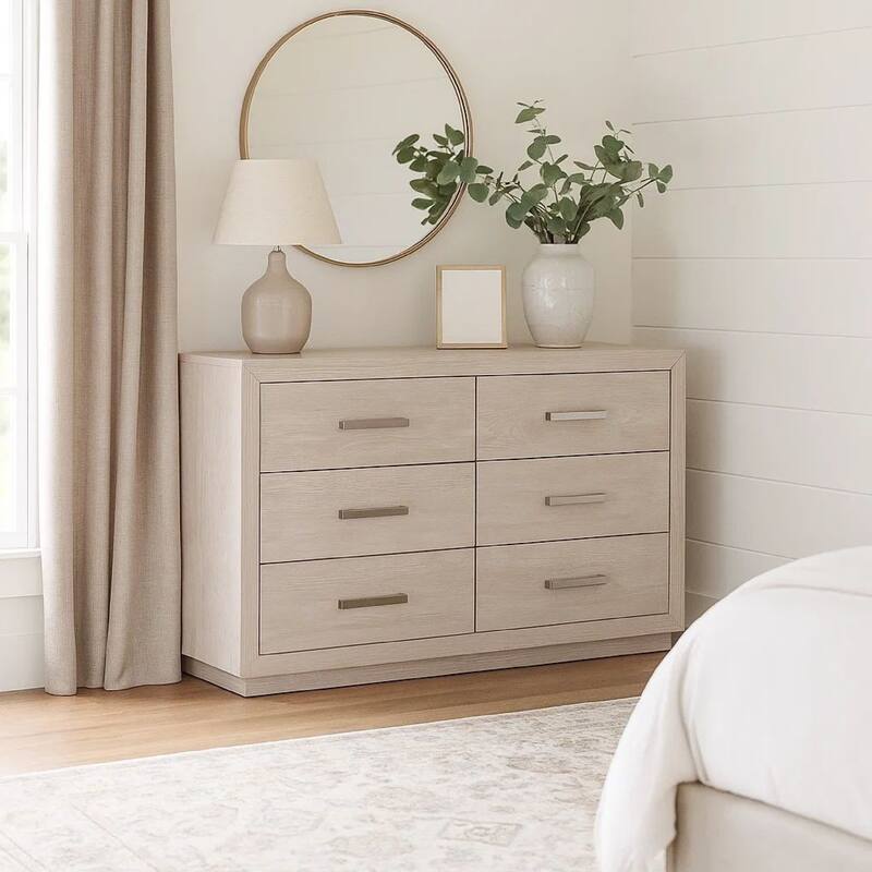 Kexa Wide Dresser, 6 Drawers, Light Gray Solid Wood, Nickel Metal