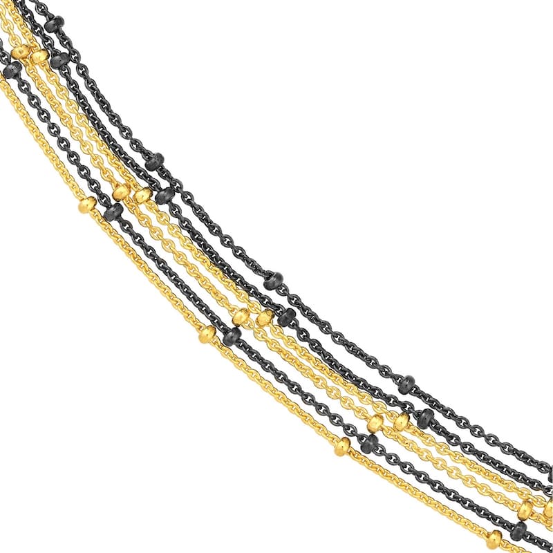 Curata 925 Sterling Silver 18" Black and Yellow 6 Strand Adjustable Saturn Chain Necklace