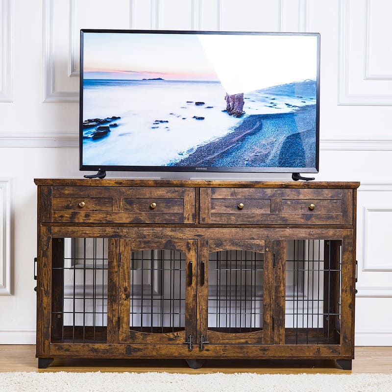 Double Dog Crate Furniture with Drawers, Removable Divider, and Storage Table
