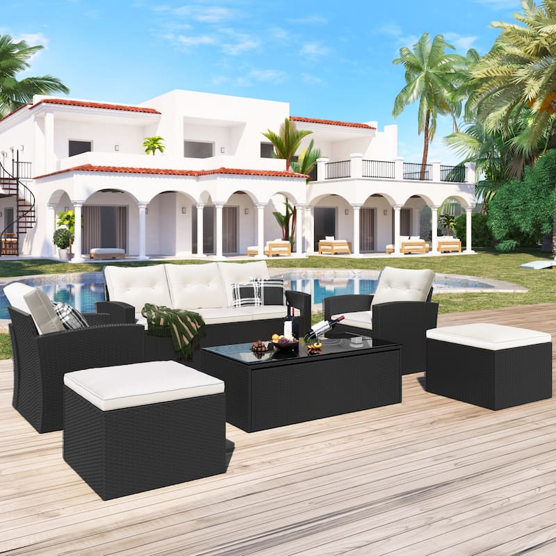 6-Piece All-Weather Wicker PE Rattan Conversation Sectional Set with Coffee Table