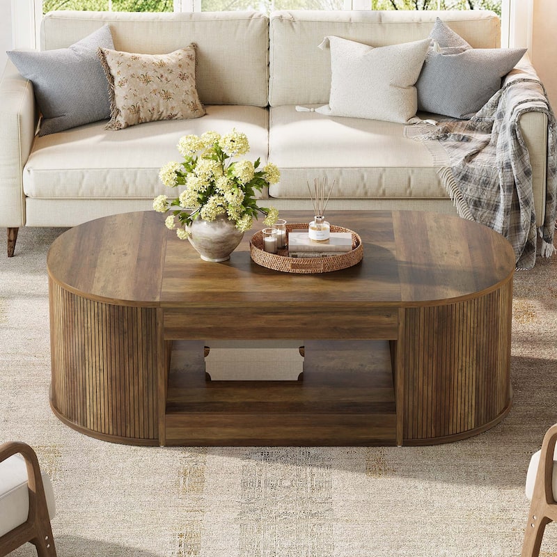 55-Inch Farmhouse Coffee Table, Oval Center Table with Storage
