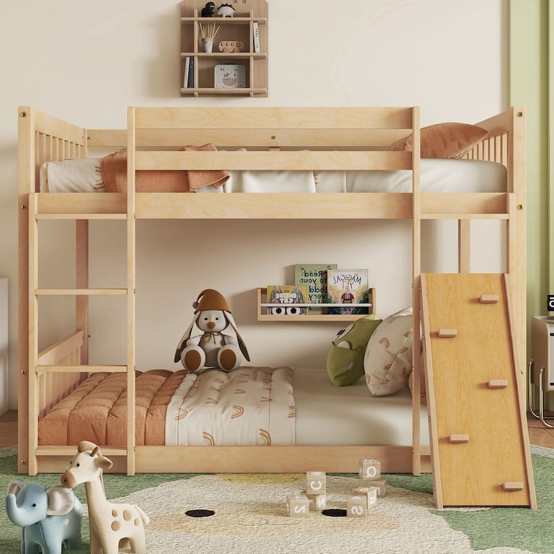 Fun Twin Over Twin Floor Bunk Bed with Climbing Ramp, Ladder & Playhouse Design, White - Natural - Twin