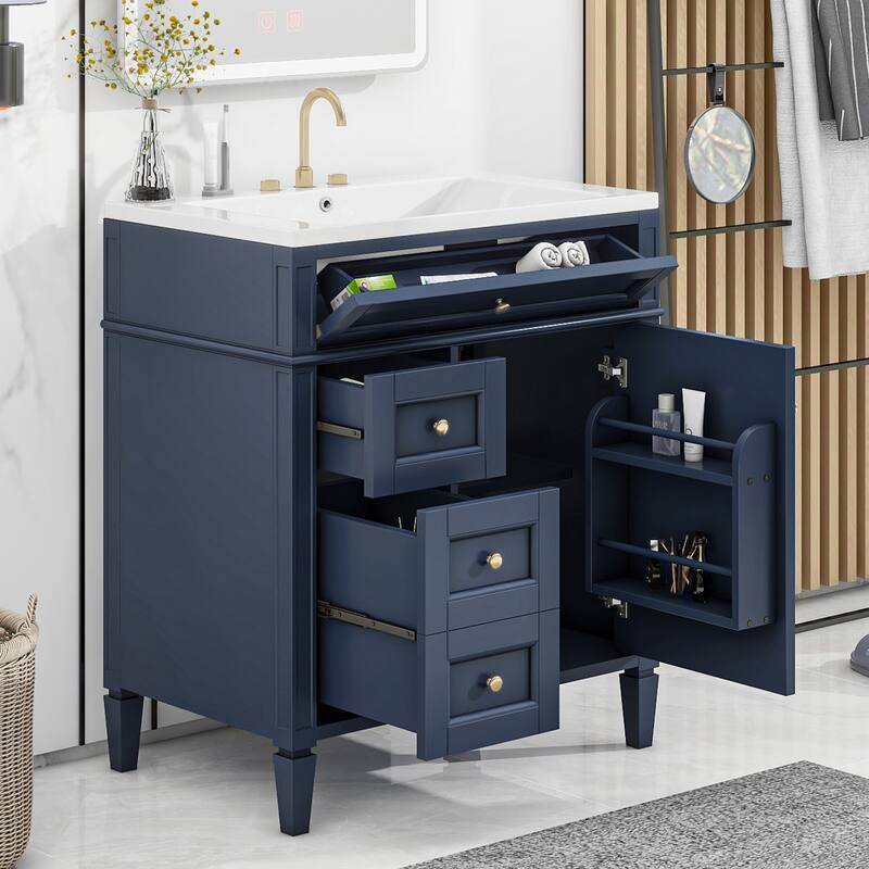 Modern Bathroom Vanity with Top Sink, 2 Drawers and a Tip-out Drawer - Blue+MDF