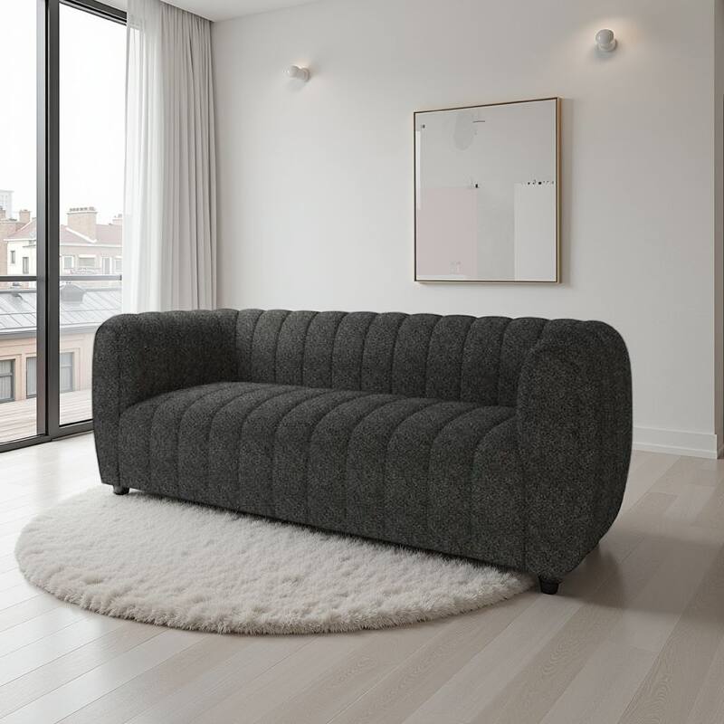 Hery Sofa, 83 Inch, Black Boucle, Vertical Channel Tufted Details
