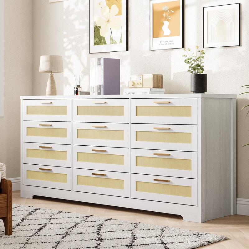 12 Drawer Dresser for Bedroom, Modern Farmhouse Rattan Chest of Drawers with Handles, Wood Dresser for Closet - White