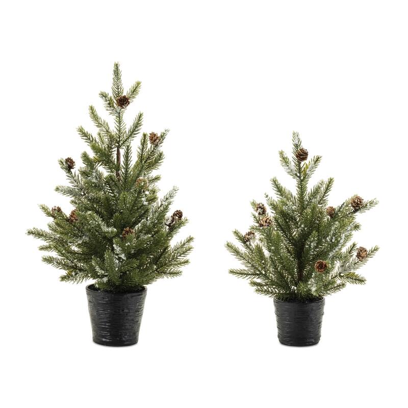 HomeRoots Set of Two 15" Green Mini Artificial Pine Trees With Pinecones In Round Black Metal Pots