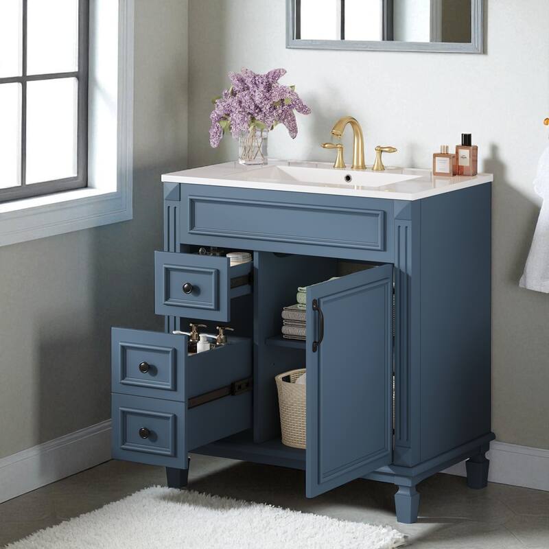 30" Bathroom Vanity with Ceramic Sink Combo, Freestanding Storage Cabinet with Drawers & Shelf, Modern Small Vanity