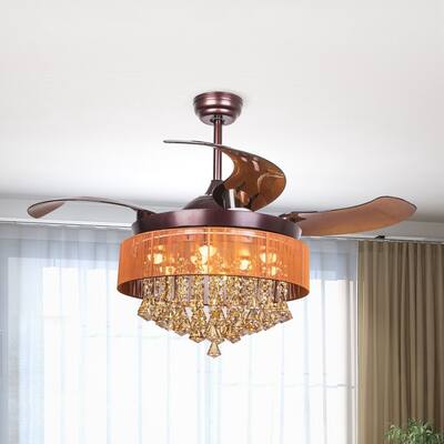 Glam Burgundy Retractable Crystal Chandelier Ceiling Fan with Remote - 42-in W