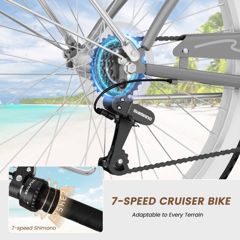 Beach Cruiser Bike for Women and Men, 24/26 Inch 7-Speed Adult Bicycle