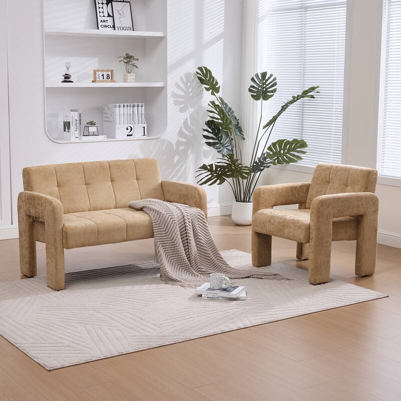 Modern 2-Seater Sofa Armchair with Chenille Fabric, for Living Rooms, Bedrooms, Lounges and Reading, Yellow