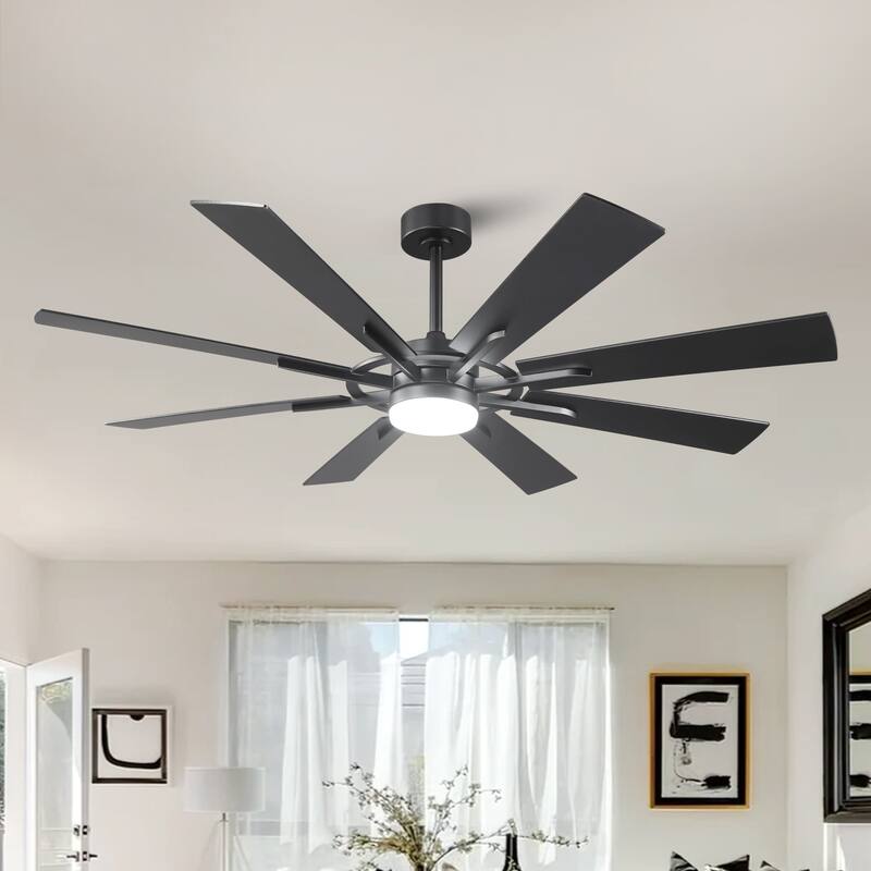 60" Matte Black Large Windmill Farmhouse Integrated LED Ceiling Fan with Light and Remote - 60"Wx12.8"H