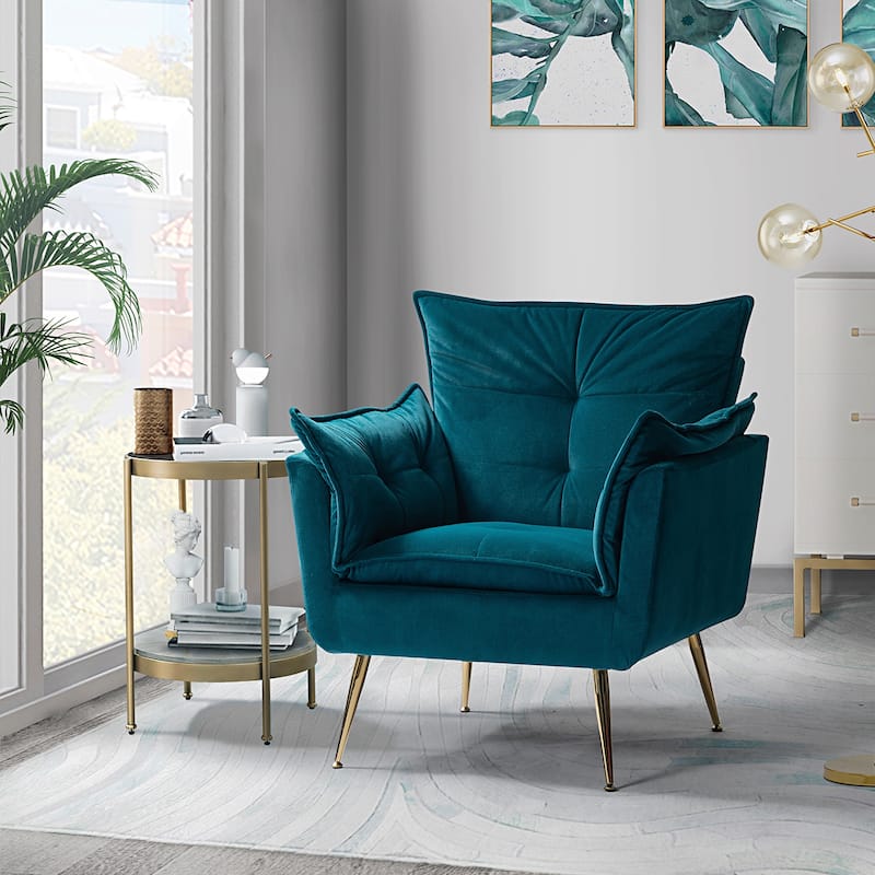1ida Modern Velvet Tufted Padded Cushion Armchair with Golden Metal Legs by HULALA HOME - TEAL