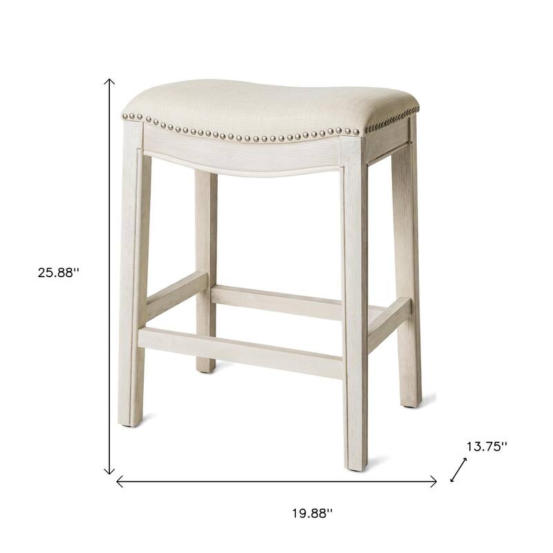 HomeRoots 26" Bone and Antiqued White Fabric and Solid Wood Backless Counter Height Bar Chair