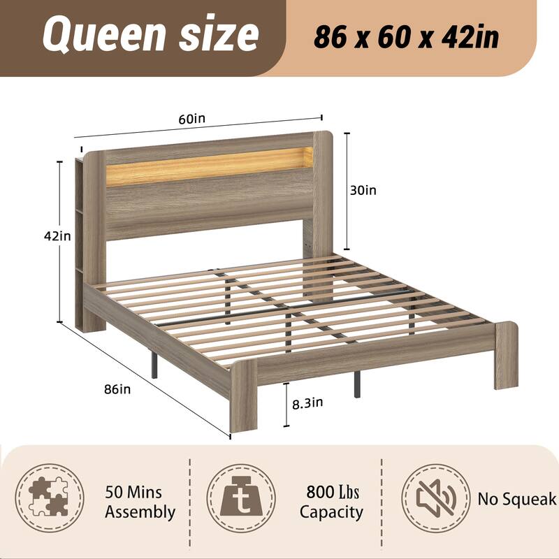 Wood Platform Bed Frame with Storage LED Light, King/Full/Queen Bed