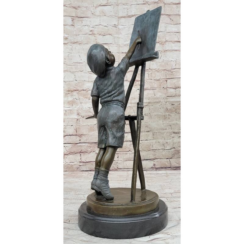 Young Boy Painting On Easel W/ Pallet - Bronze Sculpture Statue Art Teacher Gift Decor