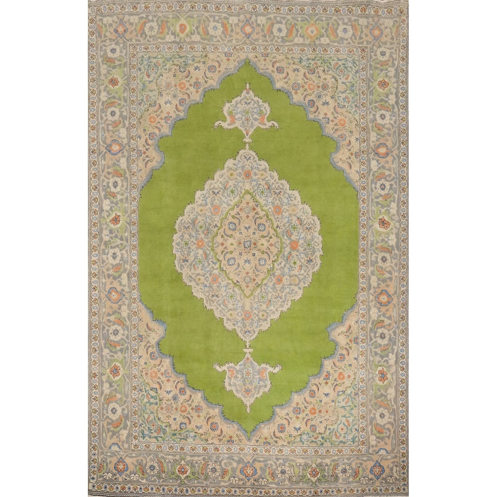 Hand Knotted Oriental 100% Wool Carpet Traditional Floral Green Tabriz Area Rug - 11' 0'' X 8' 0''