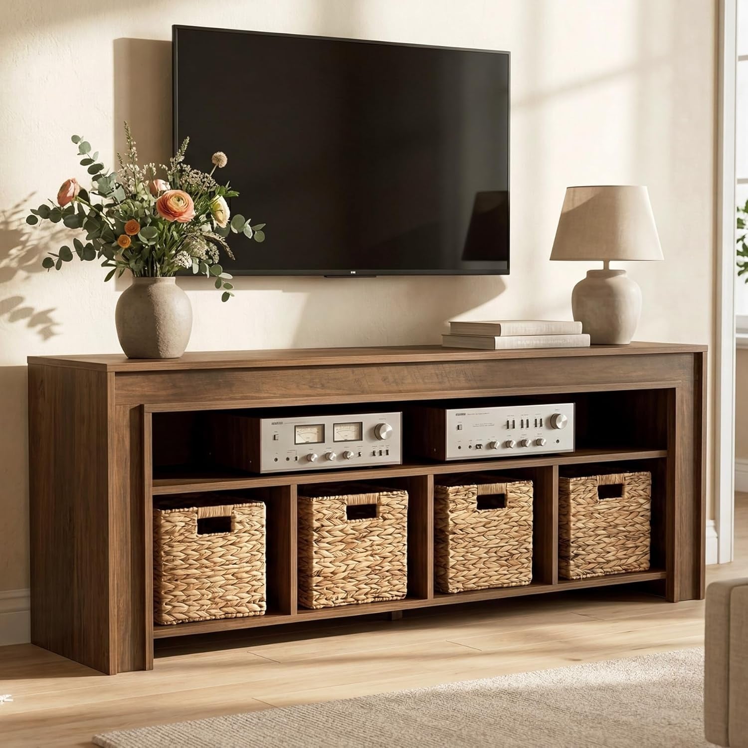 63" TV Stand for 55–70'' TVs, Farmhouse Entertainment Center with 4 Woven Baskets & Open Shelf
