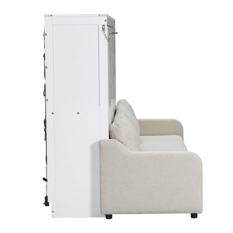 Full/Queen Size Murphy Wall Bed with LED Light and Folding Sofa, Space Saving Design Murphy Cbainet Bed wiht Storage Shelves