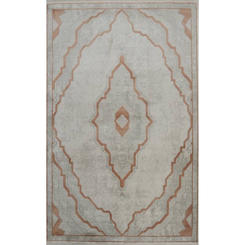 Machine Made Oriental Polyester Carpet Traditional Medallion Beige & Ivories Tabriz Area Rug - 7' 5'' X 5' 2''