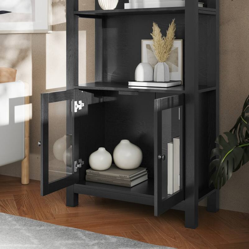 3 Tier Farmhouse Style Storage Cabinet Bookshelf with Glass Doors