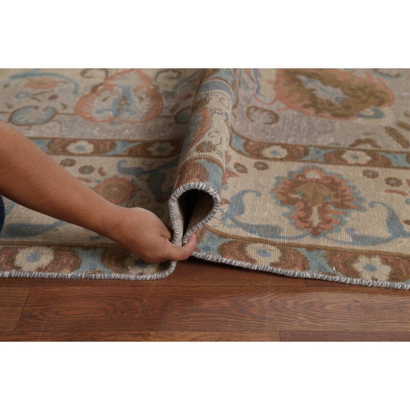 Distressed Floral Tabriz Persian Vintage Area Rug Handmade Wool Carpet - 9'4"x 12'10"