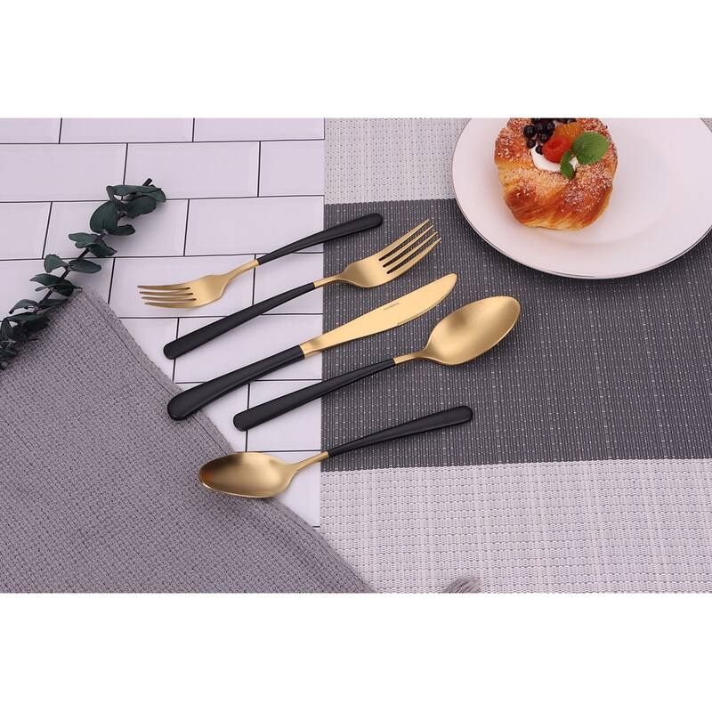 20 Pc Flatware Set Matte Gold With Black Handles - Service For 4