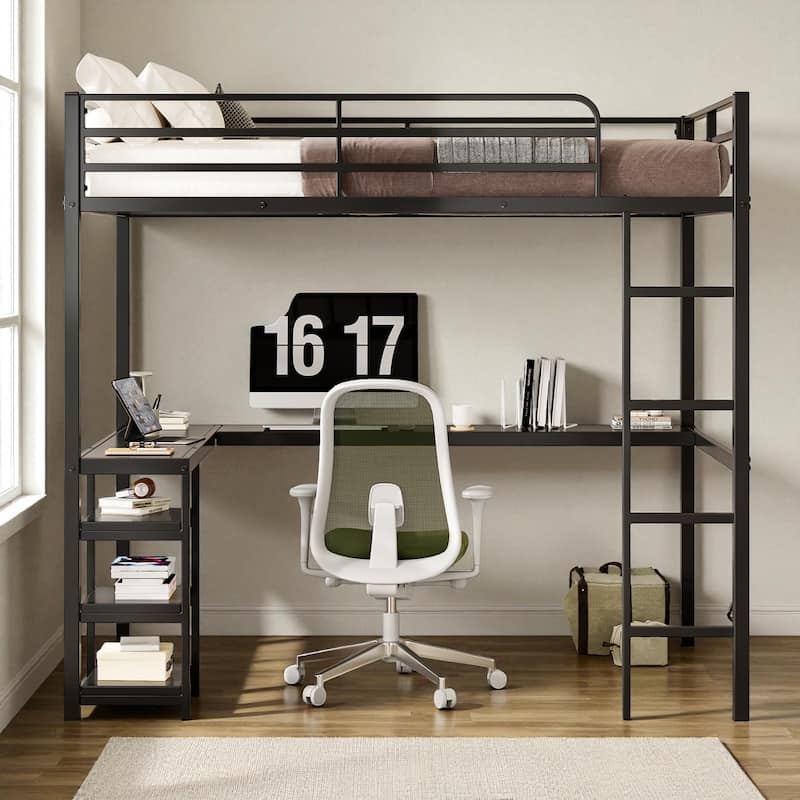 Full Size Metal Loft Bed with L-Shaped Desk & Shelves, Heavy-Duty Frame with Guardrails & Ladder, Vintage Wood Finish - Black - Full