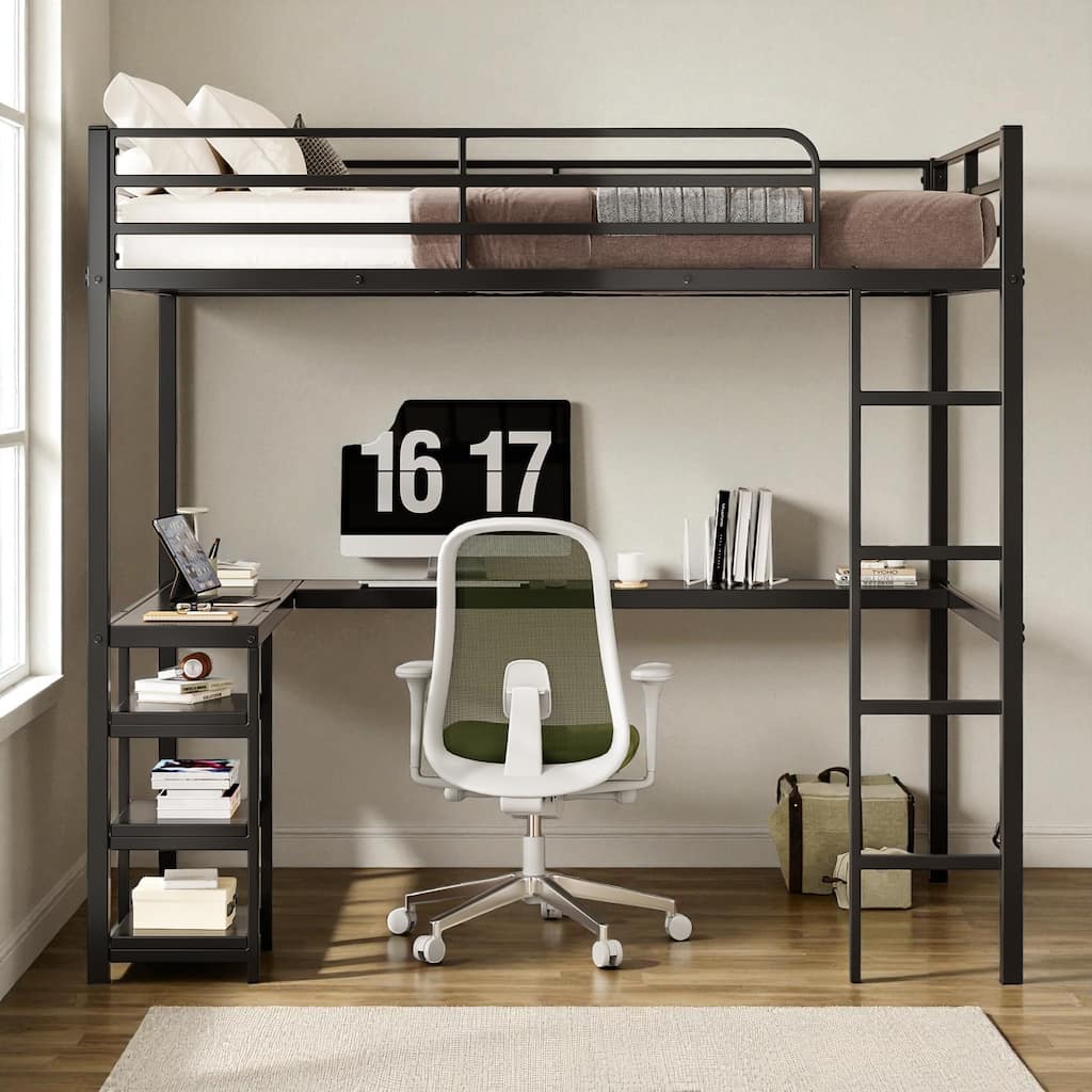 Full Size Metal Loft Bed with L-Shaped Desk & Shelves, Heavy-Duty Frame with Guardrails & Ladder, Vintage Wood Finish