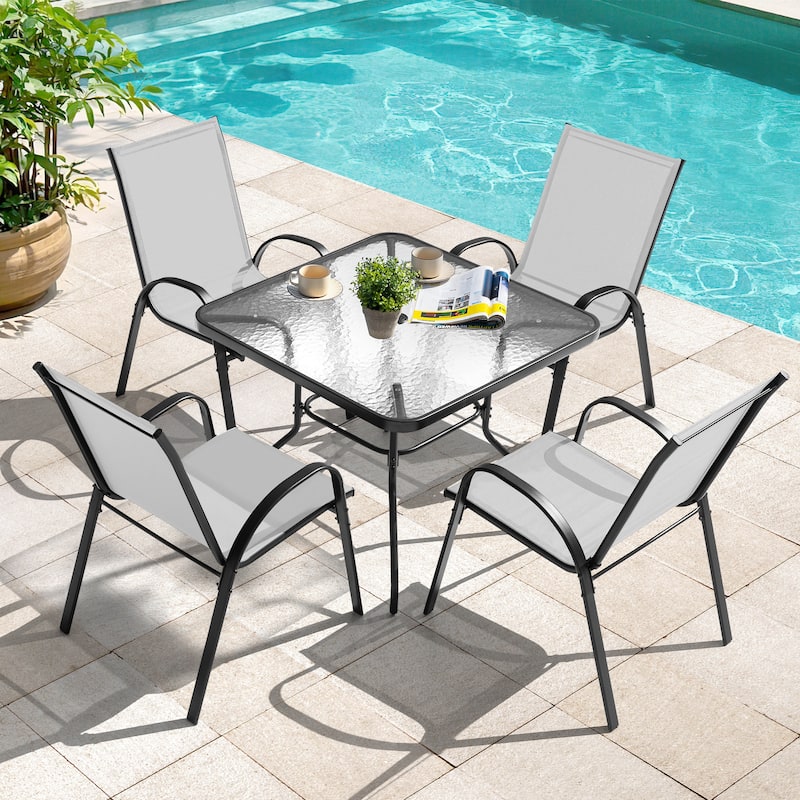 5-Piece Outdoor Dining Set, Textilene Stackable Chairs ang Square Table with Umbrella Hole
