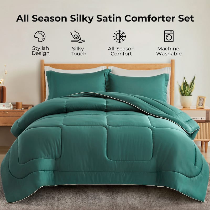 3 Piece All Season Silky Soft Satin Reversible Comforter Set - King - Green