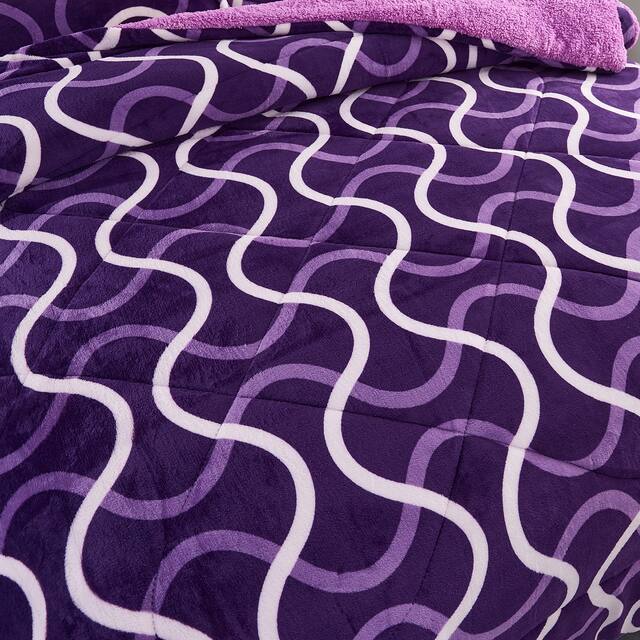 3-Piece Floral Printed Sherpa-Backing Reversible Comforter Set
