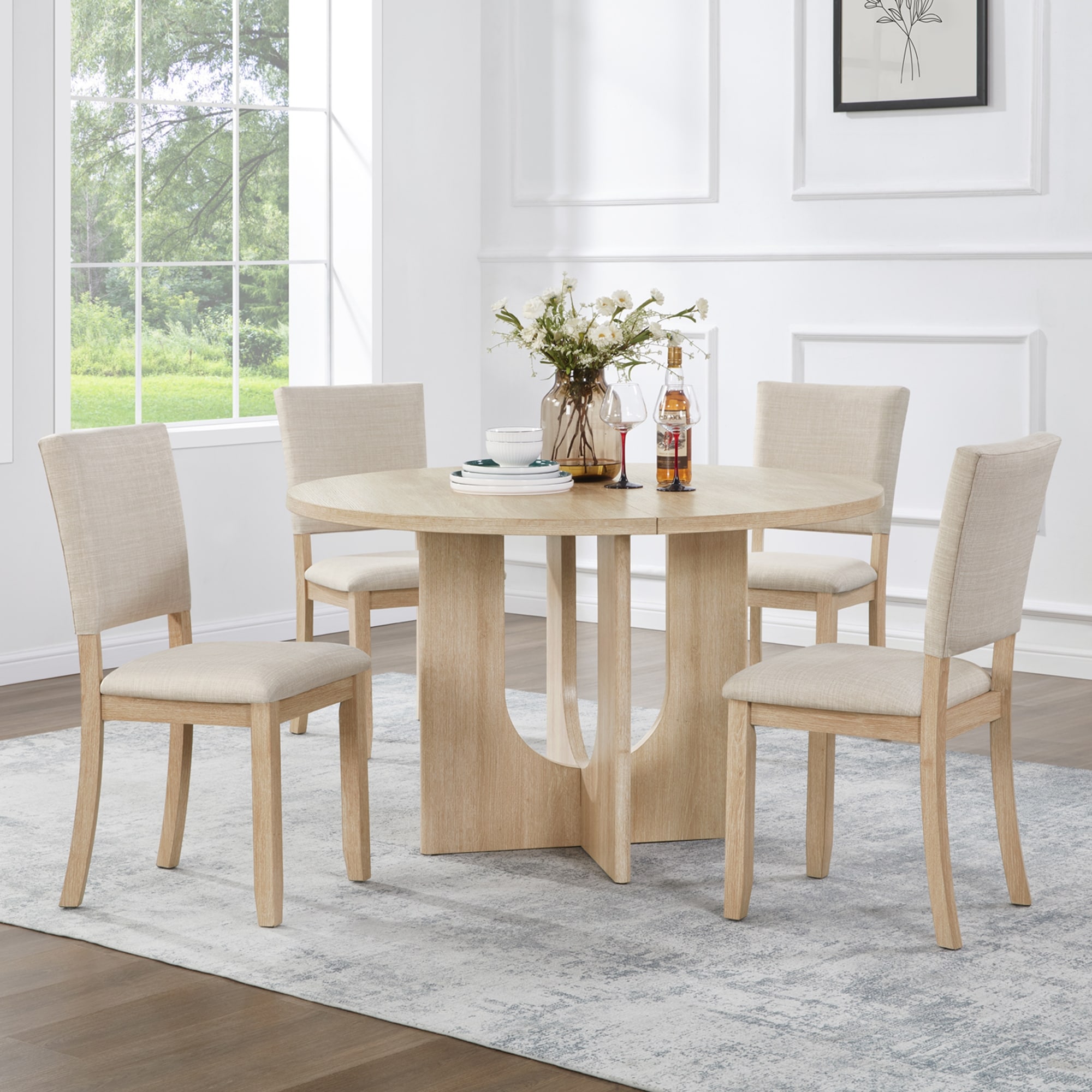 GDFStudio - Light Oak Modern 5-Piece Round Dining Table Set with Upholstered Chairs with Beige Fabric Seating