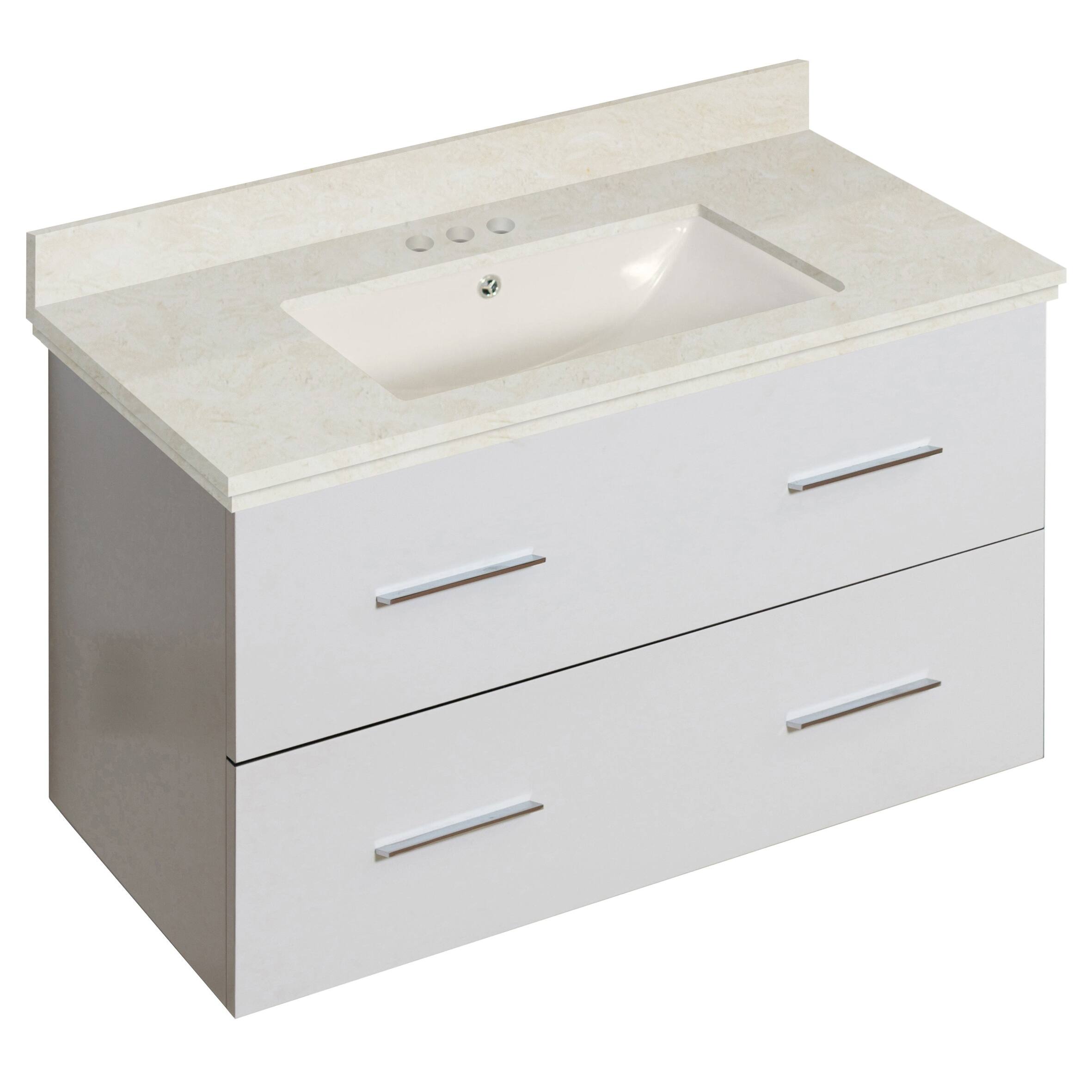 36in. W Wall Mount White Vanity Set For 3H4in. Drilling Beige Top