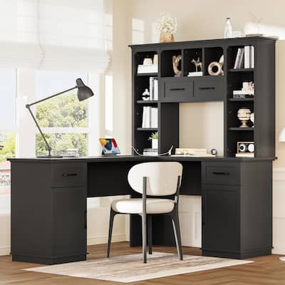 L-Shaped Computer Desk with 2 Cabinets, 2 Drawers, 11 Open Shelves and a Flip-Up Shelf with Storage on the Right Side